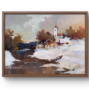 Pintura al óleo de paisaje original, pintura sobre cartón, paisaje invernal, arte hecho a mano, naturaleza, sin marco, paisaje de la vida del pueblo, arte de pared