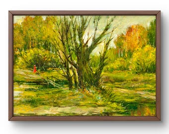 Oil painting landscape original, oil painting on canvas, lush green trees and peaceful nature and lake, handmade art, framed, wall art