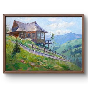 Oil painting landscape original, oil painting on canvas, serene mountainside view with wooden house, handmade art, unframed, wall art