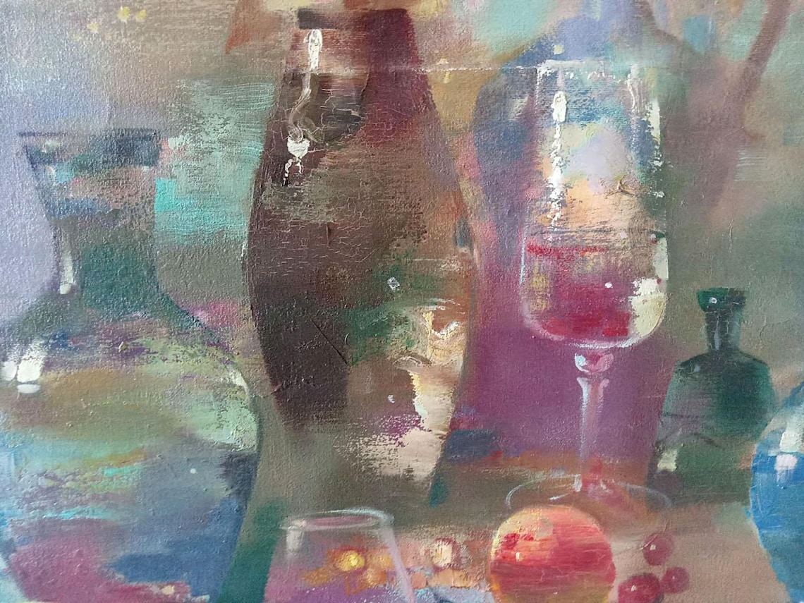 Oil Painting Still Life Original, Oil Painting, Bright Glass Vessels