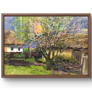 Pintura al óleo paisaje original, pintura al óleo sobre cartón, encantadora escena rural con árbol en flor, arte hecho a mano, enmarcado, arte de pared