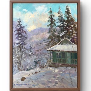 Pintura al óleo paisaje original, pintura sobre cartón, paisaje de montaña, arte hecho a mano, naturaleza, sin marco, paisaje de casa, arte de pared