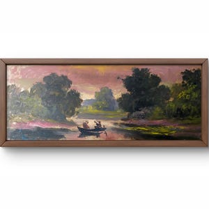 Origineel landschapsolieverfschilderij, olieverfschilderij op karton, rustig meer omgeven door bomen, mensen in een boot, handgemaakte kunst, niet ingelijst