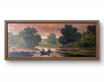Oljemålning landskap original, oljemålning på kartong, lugn sjö omgiven av träd, människor i en båt, handgjord konst, oramad
