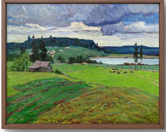 油絵風景画オリジナル、キャンバスに描いた絵画、山の風景画、手作り
