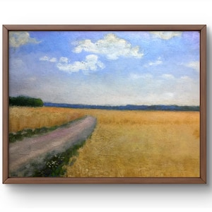 Pintura a óleo paisagem original, pintura a óleo sobre papelão, campo de trigo com estrada rural, céu azul, arte artesanal, sem moldura, arte de parede