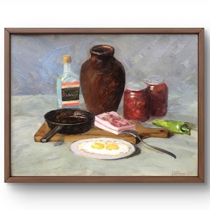 Pintura al óleo de bodegón original, pintura sobre cartón, bodegón de comida, arte hecho a mano, interior, sin marco, bodegón de sartén, arte de pared