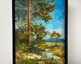Día de verano al aire libre, prado, arroyo, bosque