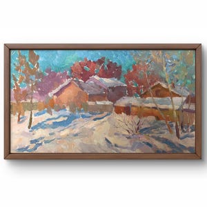 Pintura al óleo paisaje original, pintura sobre cartón, paisaje invernal, arte hecho a mano, naturaleza, sin marco, paisaje de pueblo, arte de pared