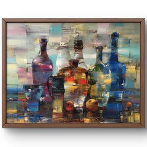 Oil painting still life original, oil painting, charming arrangement of bottles and objects with bright, mixed color, handmade art, unframed