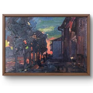 Pintura a óleo paisagem original, pintura em papelão, paisagem da cidade, arte artesanal, natureza, sem moldura, paisagem noturna, arte de parede