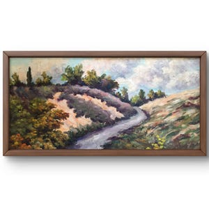 Pintura al óleo paisaje original, pintura al óleo sobre cartón, camino sinuoso, colinas cubiertas de hierba y arbustos, arte hecho a mano, enmarcado