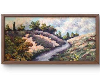 Oil painting landscape original, oil painting on cardboard, winding road, hills covered with grass and bushes, handmade art, framed