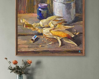 油絵の静物画（オリジナル）、キャンバスに描いた油絵、トウモロコシの