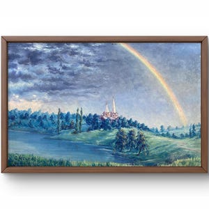 Pintura a óleo paisagem original, pintura em papelão, paisagem de rio, arte artesanal, natureza, sem moldura, paisagem de arco-íris, arte de parede