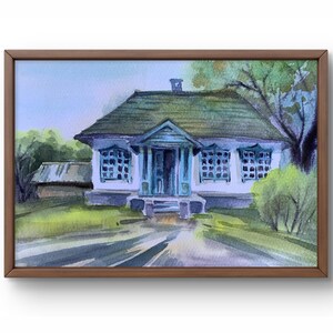 Dipinto ad acquerello paesaggio originale, dipinto su carta, paesaggio del villaggio, arte fatta a mano, natura, senza cornice, paesaggio della casa, arte murale