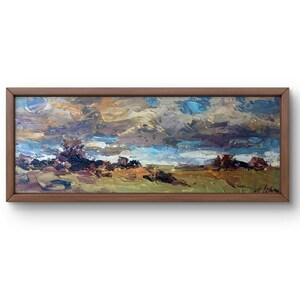 Ölbild Landschaft original, Ölbild auf Malpappe, dynamische Landschaft mit dramatischen Wolken, heller Horizont, handgefertigte Kunst, ohne Rahmen