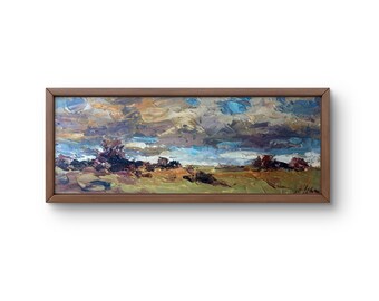 Oil painting landscape original, oil painting on cardboard, dynamic landscape with dramatic clouds, bright horizon, handmade art, unframed