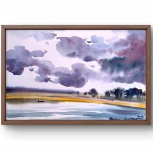 Dipinto ad acquerello paesaggio originale, dipinto su carta, paesaggio fluviale, arte fatta a mano, natura, senza cornice, paesaggio di nuvole, arte murale