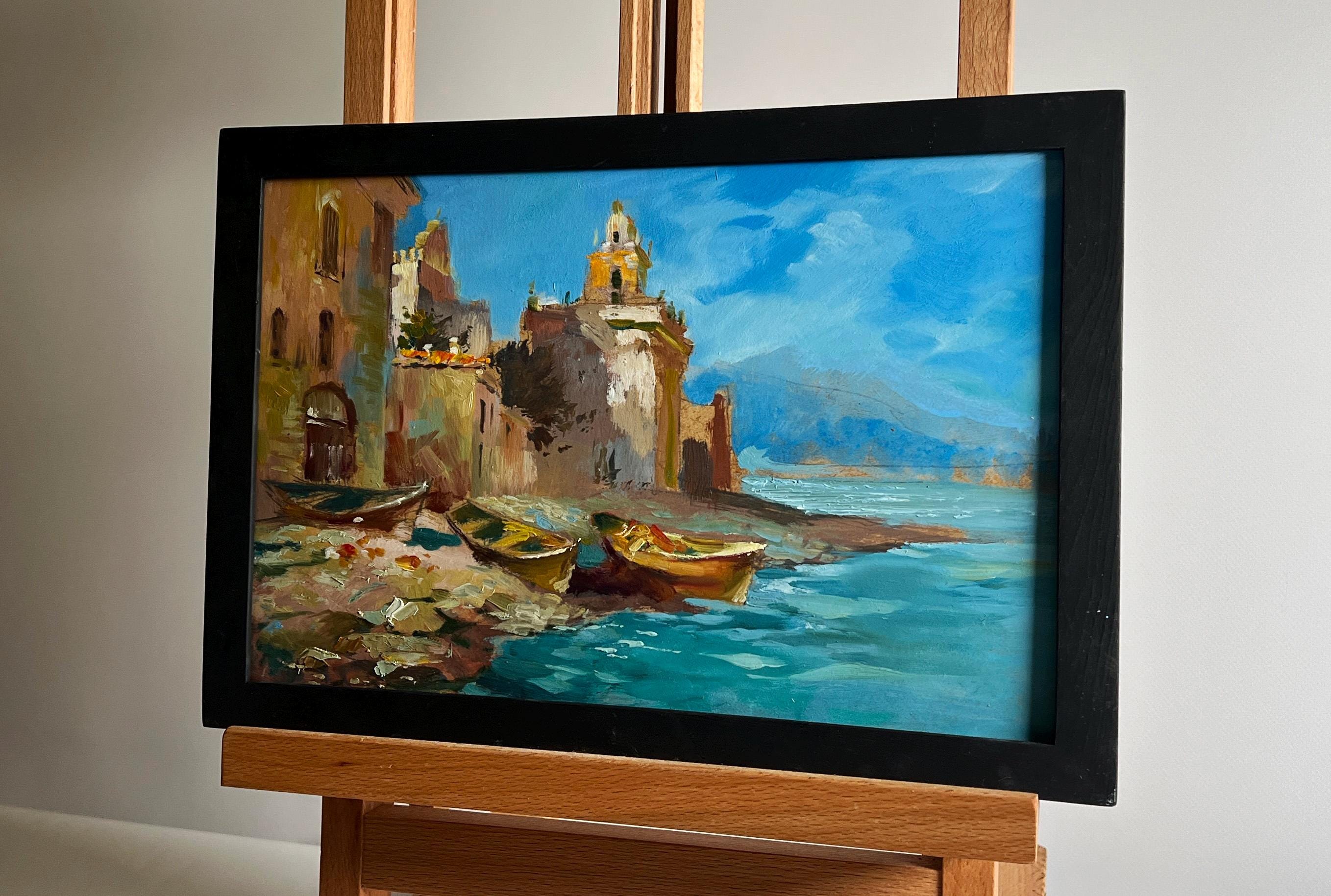 海辺の町の油絵：海岸の風景画、7.87x11.81インチ - Etsy 日本