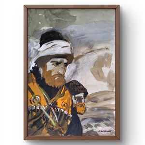 Ritratto dipinto ad acquerello originale, dipinto con tecnica mista su carta, uomo con folta barba in abiti tradizionali, arte fatta a mano, senza cornice