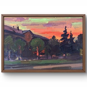 Pintura al óleo paisaje original, pintura sobre cartón, paisaje de ciudad, arte hecho a mano, naturaleza, sin marco, paisaje de verano, arte de pared