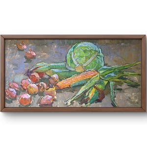 Oil painting still life original, oil painting, colorful vegetables including corn, cabbage and onions, handmade art, framed, wall art