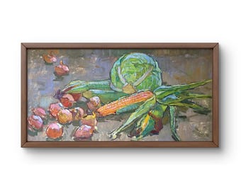 Oil painting still life original, oil painting, colorful vegetables including corn, cabbage and onions, handmade art, framed, wall art