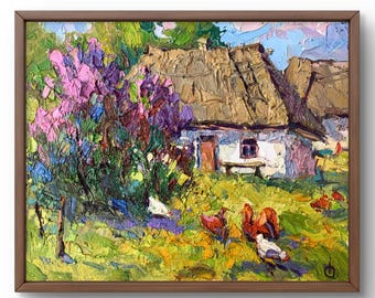 Pintura al óleo de paisaje original, pintura en lienzo, paisaje de la vida del pueblo, arte hecho a mano, naturaleza, sin marco, paisaje de verano, arte de pared