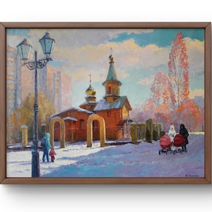 Oil painting landscape original, painting on canvas, winter landscape, handmade art, nature, unframed, church landscape, wall art