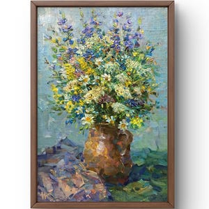 Pintura a óleo natureza morta original, pintura a óleo sobre papelão, buquê de flores silvestres coloridas, vaso de cerâmica, arte feita à mão, sem moldura