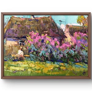 Oil painting landscape original, painting on canvas, village landscape, handmade art, nature, unframed, house landscape, wall art