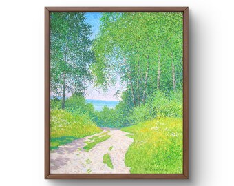 Acrylic painting landscape original, acrylic painting, tranquil countryside path surrounded by lush green trees, handmade art, unframed