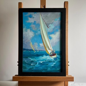 Seascape Oil Painting: Sailing Regatta, Handmade Cardboard Art (11.81x7.87 inches, Unframed)