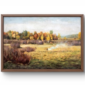 Pintura al óleo paisaje original, pintura al óleo sobre cartón, campo paisaje otoñal, vacas en el campo, arte hecho a mano, enmarcado, arte de pared