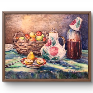 Pintura a óleo natureza morta original, pintura a óleo sobre papelão, natureza morta com cesta de maçãs, toalha de mesa brilhante, arte feita à mão, sem moldura