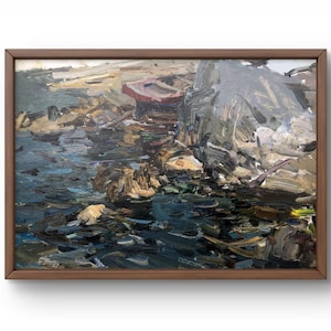 Oil painting landscape original, oil painting on canvas, picturesque seascape with rocky shore and rocks, handmade art, framed, wall art