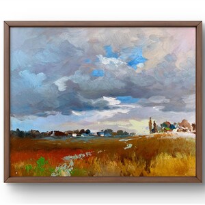 Pintura al óleo paisaje original, pintura al óleo sobre cartón, paisaje rural con campos, cielo sombrío, arte hecho a mano, sin marco, arte de pared