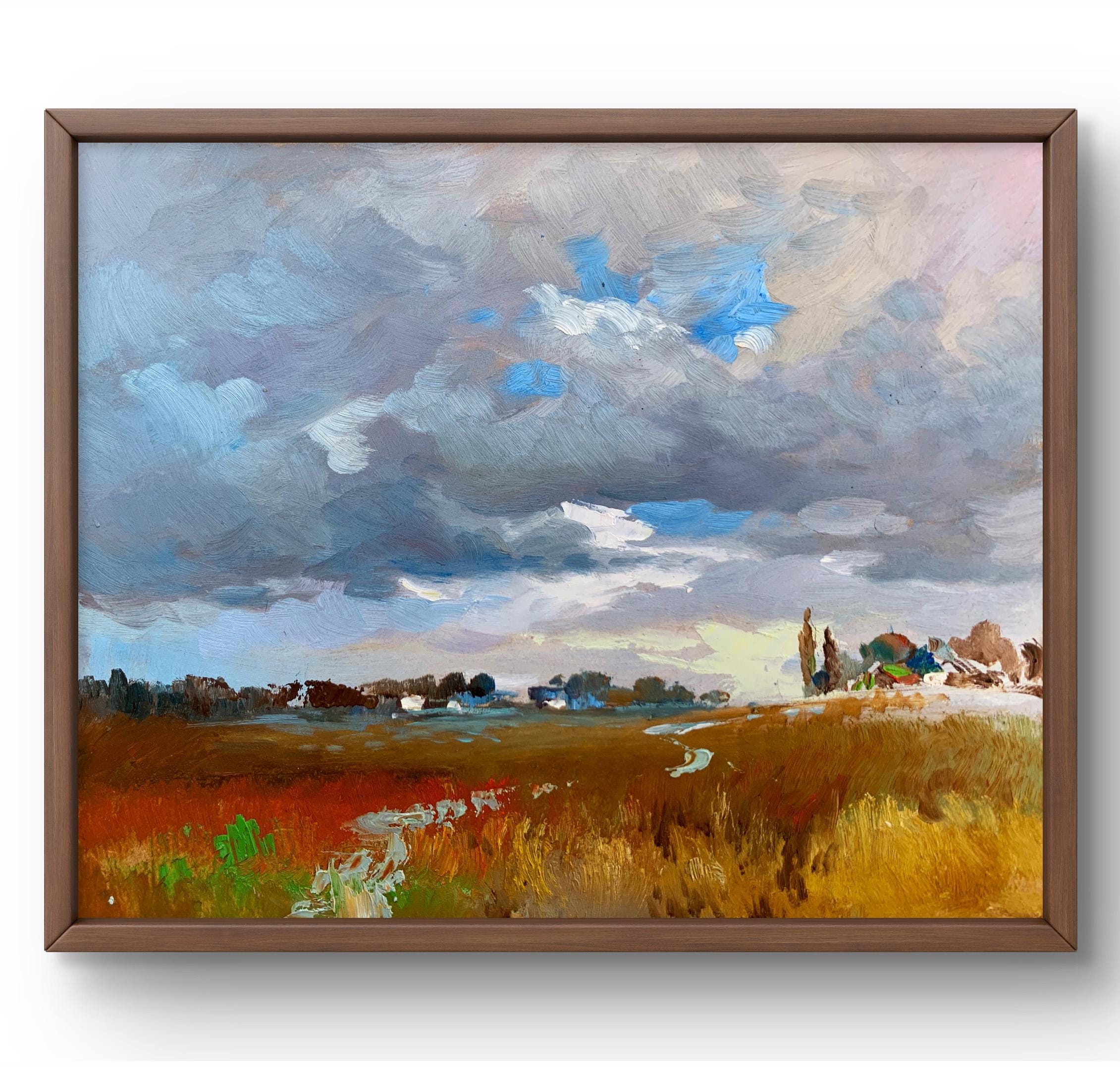 油絵風景画オリジナル、段ボールの油絵、畑のある田園風景、暗い空