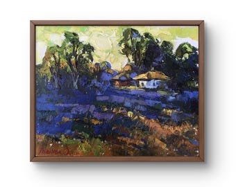 Oil painting landscape original, oil painting on canvas, peaceful rural landscape with a small cottage, handmade art, unframed, wall art
