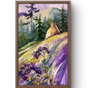 Dipinto ad acquerello paesaggio originale, dipinto su carta, paesaggio di montagne, arte fatta a mano, natura, senza cornice, paesaggio di pagliaio, arte murale