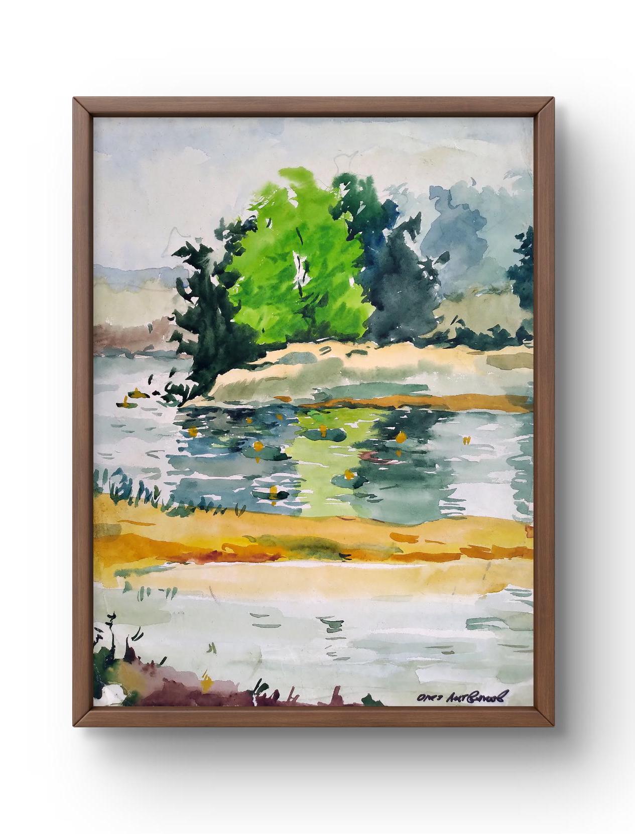 水彩風景画オリジナル、紙に描いた絵画、川の風景、手作りアート、自然