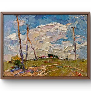 Pintura al óleo paisaje original, pintura al óleo sobre cartón, paisaje rural minimalista con postes de electricidad, arte hecho a mano, sin marco, arte de pared