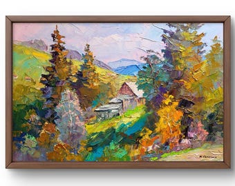 Oil painting landscape original, painting on canvas, forest landscape, handmade art, nature, unframed, mountains landscape, wall art