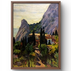 Pintura al óleo paisaje original, pintura al óleo sobre cartón, pueblo de montaña rodeado de vegetación, arte hecho a mano, sin marco, arte de pared