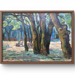 Ölbild Landschaft original, Ölbild auf Malpappe, schattiger Park mit massiven Bäumen, Menschen auf einer Bank, handgefertigte Kunst, ohne Rahmen