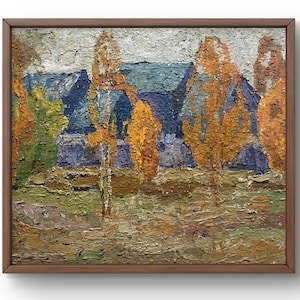 Pintura a óleo paisagem original, pintura em papelão, paisagem de outono, arte artesanal, natureza, sem moldura, paisagem de árvores, arte de parede