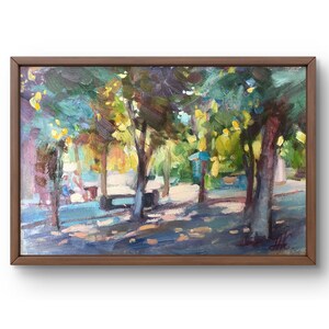 Pintura al óleo de paisaje original, pintura sobre cartón, paisaje de parque, arte hecho a mano, naturaleza, sin marco, paisaje forestal, arte de pared
