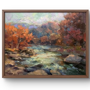 Pintura al óleo paisaje original, pintura sobre cartón, paisaje de río, arte hecho a mano, naturaleza, sin marco, paisaje forestal, arte de pared