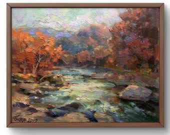 油絵風景画オリジナル、段ボールに描いた絵、川の風景、手作りアート